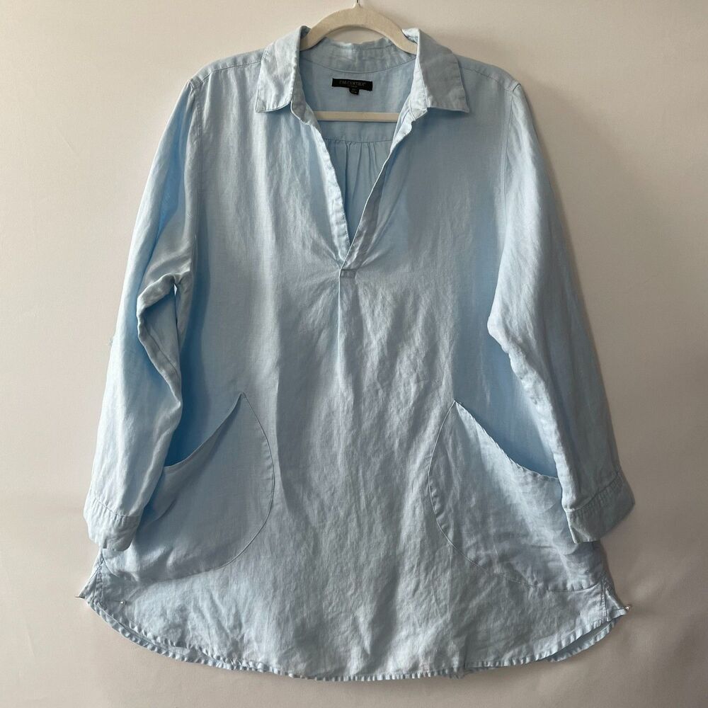 For Cynthia 2X Light Blue 100% Linen Tunic Top Collared Roll Tab Sleeves Pockets